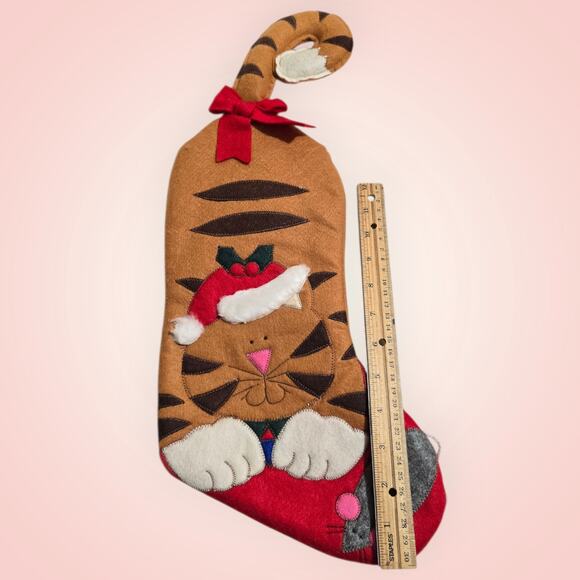 Vtg Kitty Christmas Stocking Hinged Tale 18" Orange Striped Cat Santa Mouse - Picture 7 of 7